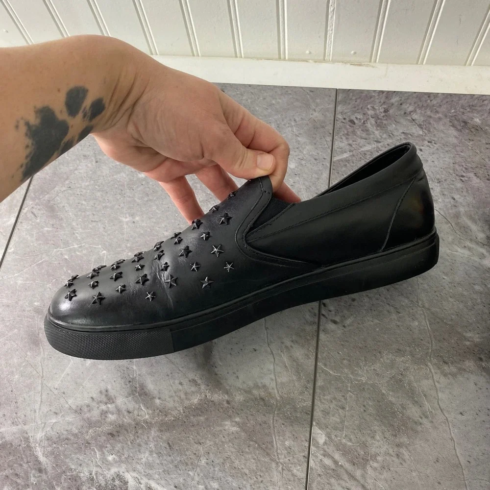 Badgley Mischka Mens Black Leather Star Studded Slip On Sneakers Size 12 Loafers